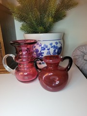 Set Of Two Red Small Vases /Pitcher Handles and Dimples Handblown Glass