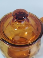 1930s Cambridge or Paden City Amber Glass Wheel Cut Floral Pitcher Reeded Handle