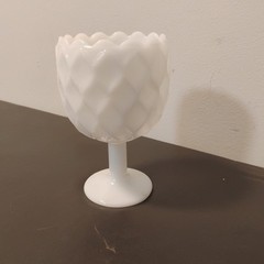 Vtg Diamond/Basketweave Design Milk Glass Textured Pedestal Goblet Scalloped Rim