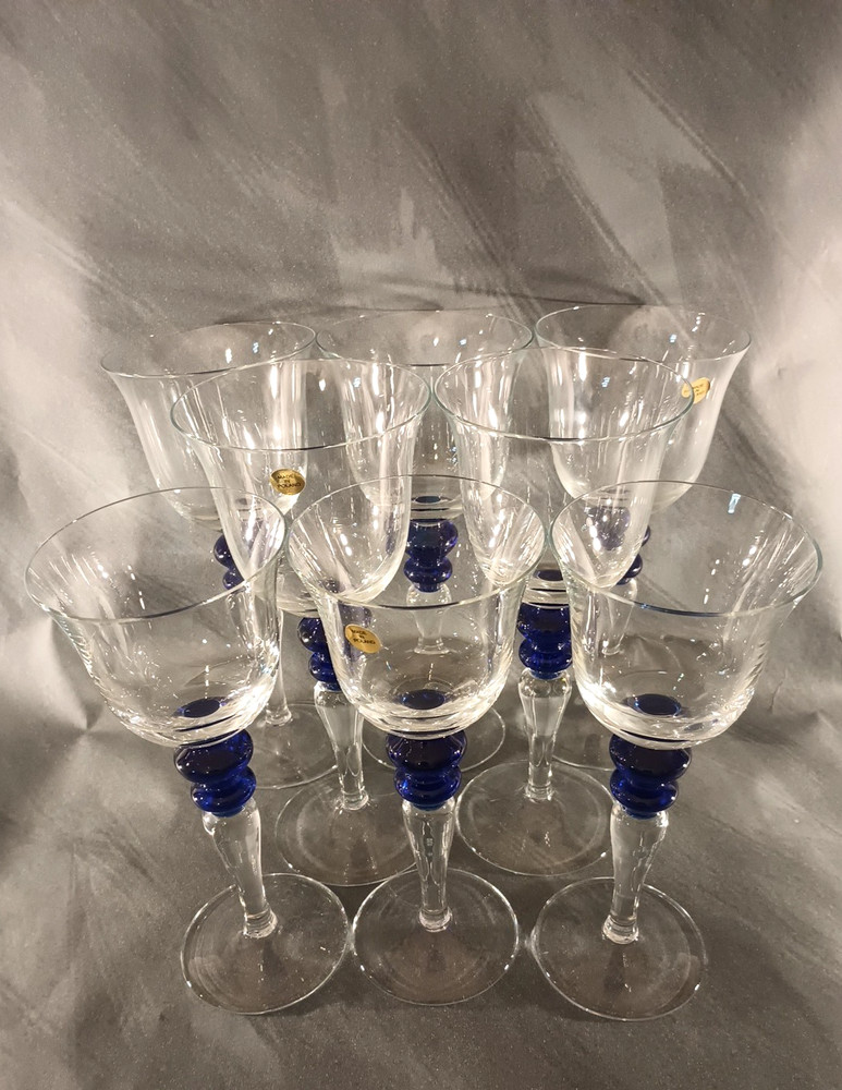 8 Flared Crystal Wine Glasses Clear Stem with Dual Cobalt Blue Disc Accent
