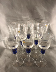 8 Flared Crystal Wine Glasses Clear Stem with Dual Cobalt Blue Disc Accent