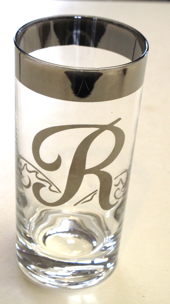 1 Vintage MCM Monogram Dorothy Thorpe Silver Band 12 Oz Flat Tumbler Letter «R»
