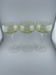 Antique ETCHED Yellow Vaseline Uranium Glass Wine Goblet Clear Stem Set Of 3