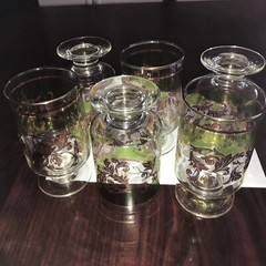 Set 6 Deep Goblets/Desert Embossed Gold Leaf Green Shadow Drink Glass Culver MCM