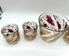 VTG Culver Gold Red Chrysanthemum Rocks Glasses Set of 4 With Ice Bucket Barware