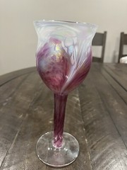 Ron Hinkle Hand Blown Art Glass Pink Iridescence Wine Goblet Signed 2005 8.75”