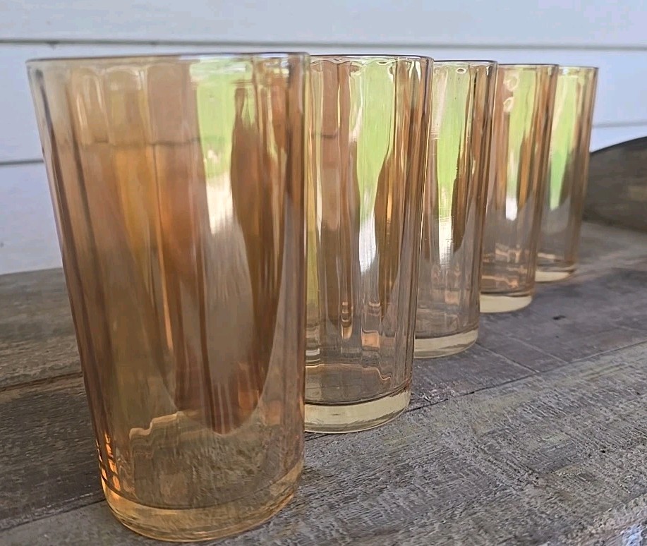 Set 5 Vintage Jeannette Iridescent Marigold Optic Panel 10oz RIBBED Tumblers EUC