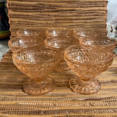 Pink Depression Glass Sherbet Glasses 2.75” x 3.5”Set of 8 Vtg “Buttons & Bows”