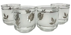 Vintage Libbey Frosted Silver Foliage Leaf Glasses Old Fashion Set of 4