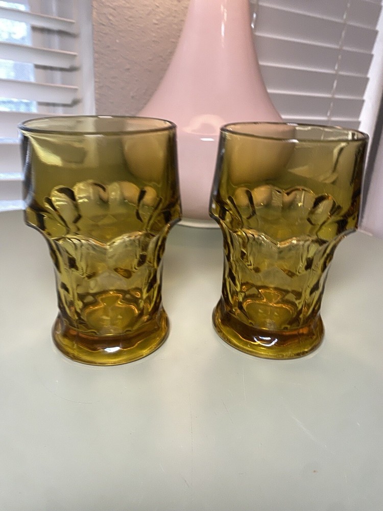Vintage Anchor Hocking Glasses Amber Georgian Honeycomb 5 1/2” Tumblers Set of 2