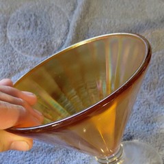 Unmarked Amber Iridescent Carnival Glass Goblet, Glossy Glass Stemware