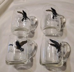 Richard E Bishop Waterfowl Glass Mugs. Set Of 4. Goose & Duck In Flight D2