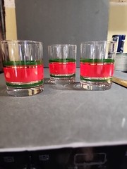 Old Fashion Christmas Glasses Red, Green, & Gold Striped Glasses 14 oz ~Set of 3