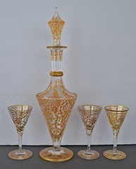Moser Gold Enamel Decanter Goblets Signed