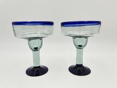 2 Mexican Hand Blown Margarita Glasses Blue Rim Cobalt Cocktail Glassware Bar