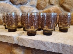 Vintage Amber Etched Floral Art Glass Drinking Glass 4.75”H – large set of 13