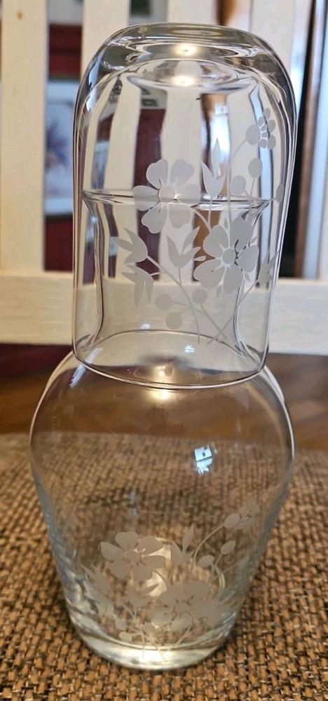 Vintage Bedside Water Carafe Glass Set Etched Floral Tumbler Lid Set