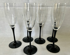 6 Luminarc France Tall Champagne Flutes ~ Clear with Black Stems