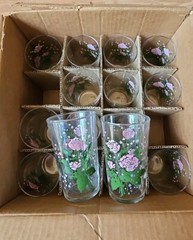 24 Vintage Federal Glass Tumblers Pink Roses Water Juice Cathy Rose Sabin In Box