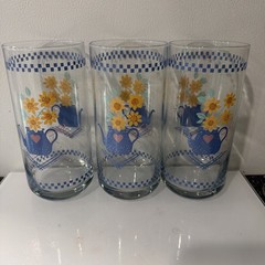 3 ANCHOR HOCKING HALLMARK COFFEE POT FLORAL CHECKERED BAND JUICE GLASSES 8 OZ