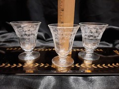 3 Antique/Vintage Optic Footed Arabesque Needlepoint Etch Cordial Glasses Set