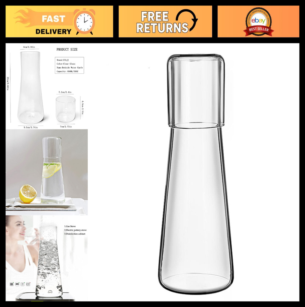 Clear Water Carafe Set with Tumbler Glass – 30 oz Nightstand Decanter for Bedroo