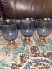 Pfaltzgraff NAPOLI Blue & Orange Etched ICE TEA Glass GOBLETS 16 OZ Set Of 3