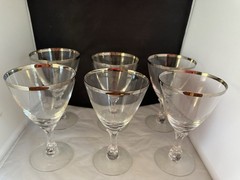 Vintage Set Of 6 Fostoria Crystal Wedding Ring Platinum Rim Wine Glasses