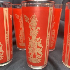 Vtg Set Of 7 Culver Red Gold Thai Goddess Highball Glass Tiki Barware MCM