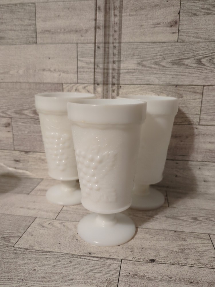 Vintage Set of 3 Milk Glass Goblet Glasses w Grape Motif Footed 5 1/2″ Retro MCM