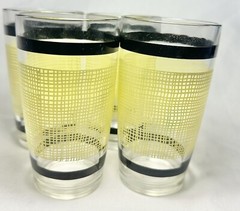 VTG Rare 1940-50s Yellow BURLAP (4) Tumbler Retro Glasses Black Border Barware