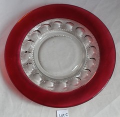 4 Tiffin Glass Ruby Red Kings Crown Luncheon Thumbprint Plates 8.25″