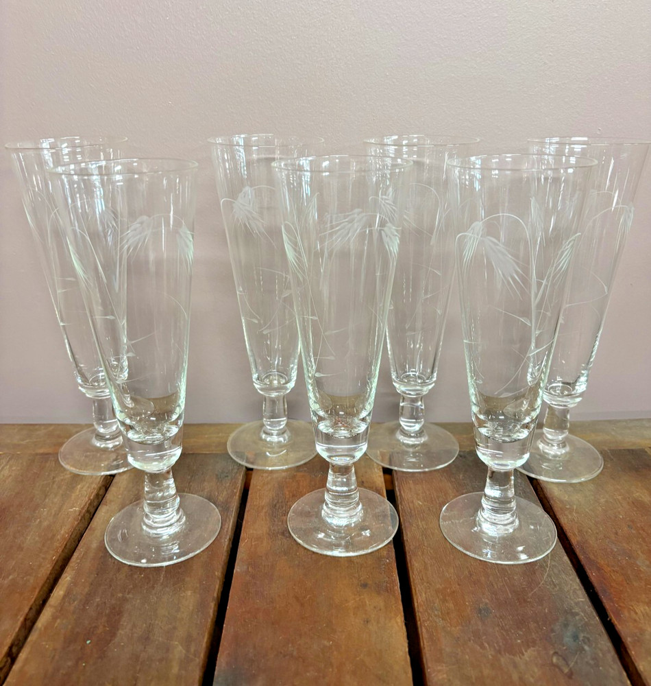 Vintage Crystal Glass Etched Wheat Pattern Champagne Flutes Set of 7 Mix Lot