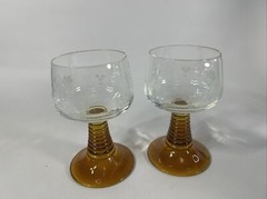 Vintage Amber Base Wine Goblets Crystal Beehive Etched Set Of 2 See Description