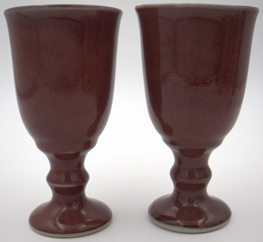 DK Clay NC Studio Pottery Goblet Chalice Tumblers Oxblood Glaze Pair 6.625″