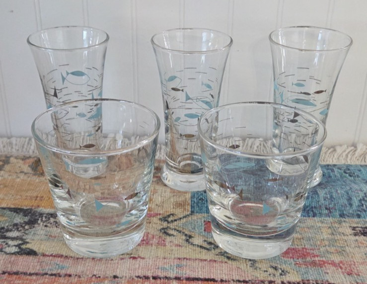 5 Mix and Match Size Vintage MCM Libbey Atomic Fish Glass Tumblers