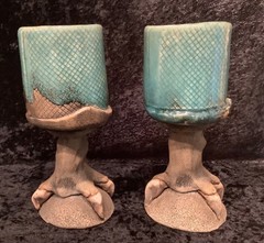 Vintage Pair (2) Richard Marshall Pottery Dragon Woo Claw Foot Goblets 7.5”