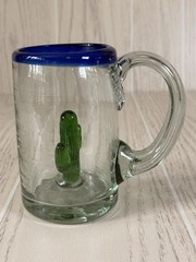 Mexican Hand-Blown Glass Cactus Blue Rim Margarita Glass Mug Cup 5”