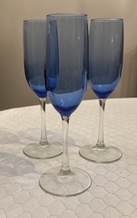 3 Vtg Libbey Vina Blue Champagne Flutes 9.25” Clear Stems