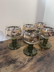 German Roemer Olive Green Gold Grapes Wine Goblet Glass Set of 5