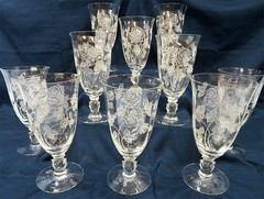 10 HEISEY ETCHED ROSE/CUT STEM CRYSTAL ICED TEA FOOTED TUMBLER GLASSES LOT