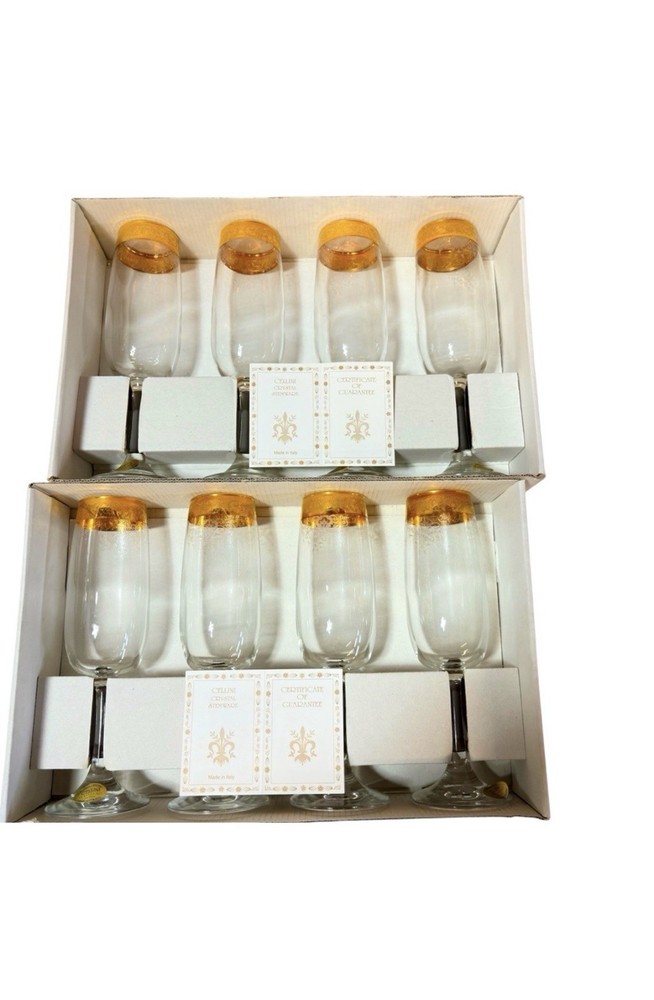 8 VTG Cellini Crystal Champagne Flutes 24K Gold Rim Italy Glasses Godinger Set