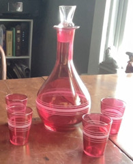 Vintage Cranberry Cordial Liqueur Set. Flask With 4 Glasses Cut to Clear Top.