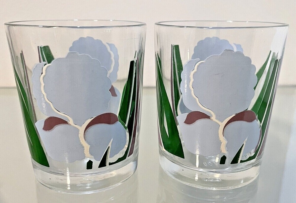 Set of 2 Rocks Glasses Blue And Purple Iris Flowers Green Leaves 3.5” Tall