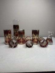 Vintage MCM Culver Cranberry Scroll 22Kt Told Filigree Highball 6 & Pitcher