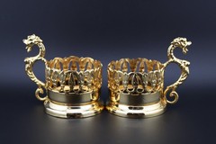 Vintage 24K Gold Plated Dragon Tea Glasses Set 2 Cut Crystal Turkish/Persian