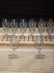 Bird And Strawberry Pattern Wine Glasses. Eight Rare Indianna Glasses 1910-1920