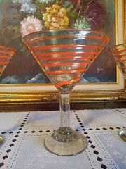Large Hand Blown Retro Orange Swirl Art Glass Martini/ Margarita Glasses Set-3