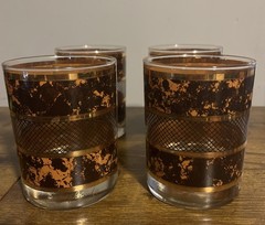 4 Georges Briard Brown Faux Marble Gold Bands Mid Century Double Old Fashion