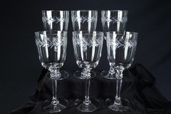 6 Fostoria Holly Clear Stem 6030 Water Goblets Laurel Cut 7 7/8″